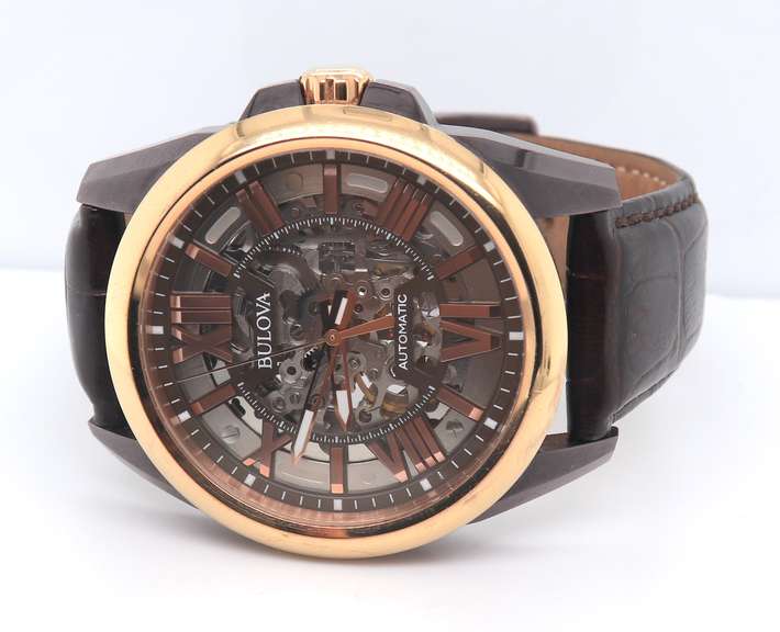 Bulova Sutton Classic Automatic Skeleton Dial Brown Leather Watch