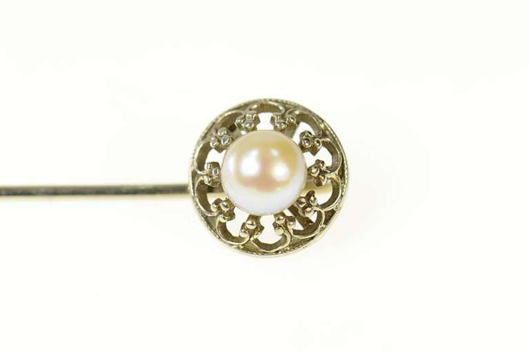 14K White Gold Ornate Floral Trim Pearl Classic Stick Pin