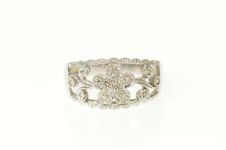 14K White Gold Pave Diamond Flower Scroll Wedding Band Ring