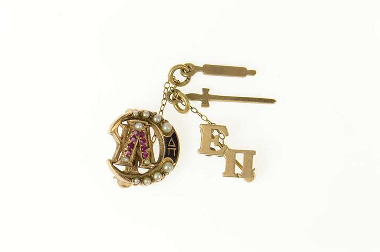 10K Yellow Gold Lambda Chi Alpha Seed Pearl Ruby Lapel Pin/Brooch