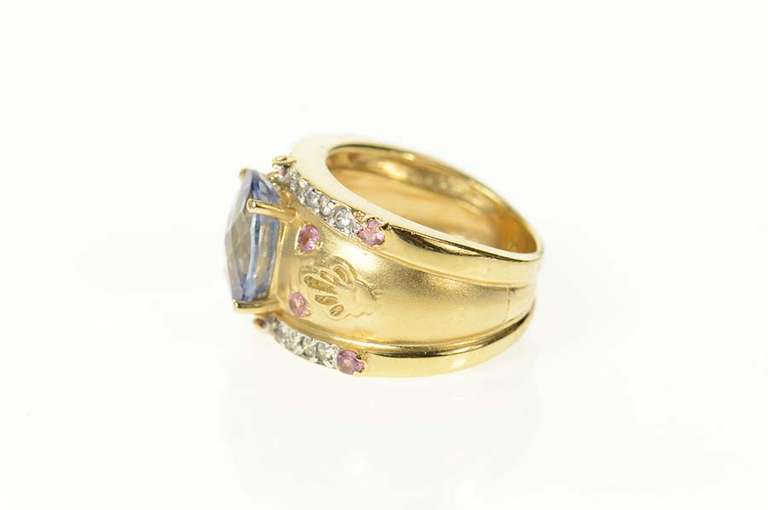 14K Yellow Gold Ornate Syn. Sapphire Diamond Statement Ring