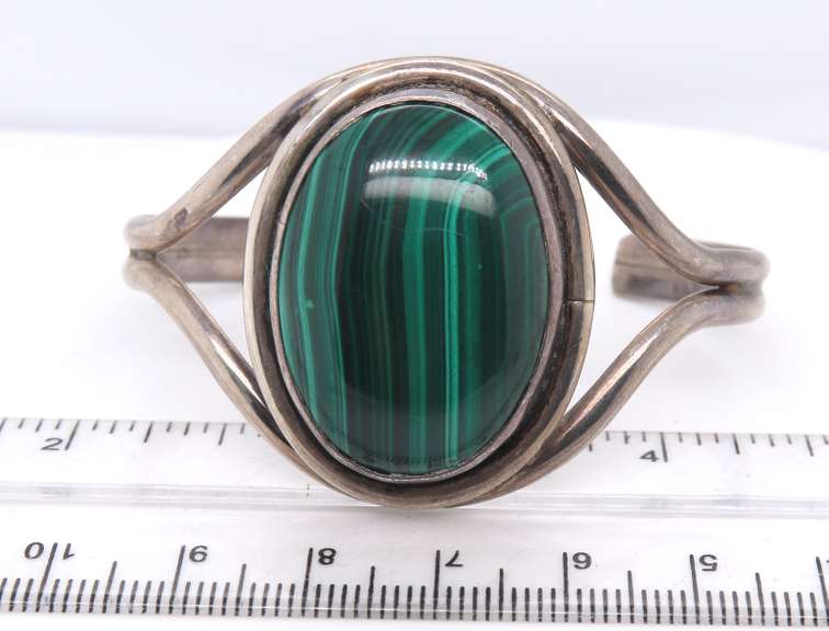 Vintage Sterling Silver Malachite Cuff Bangle Bracelet
