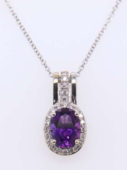 Elegant White Gold Amethyst and Diamond Halo Pendant on Chain