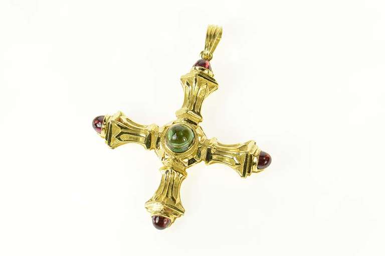 18K Yellow Gold Ornate Pink & Green Tourmaline Cross Pendant/Pin