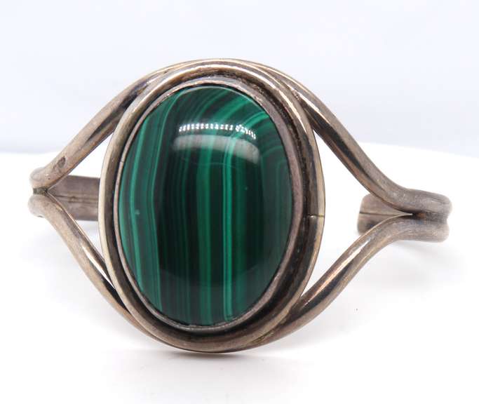 Vintage Sterling Silver Malachite Cuff Bangle Bracelet