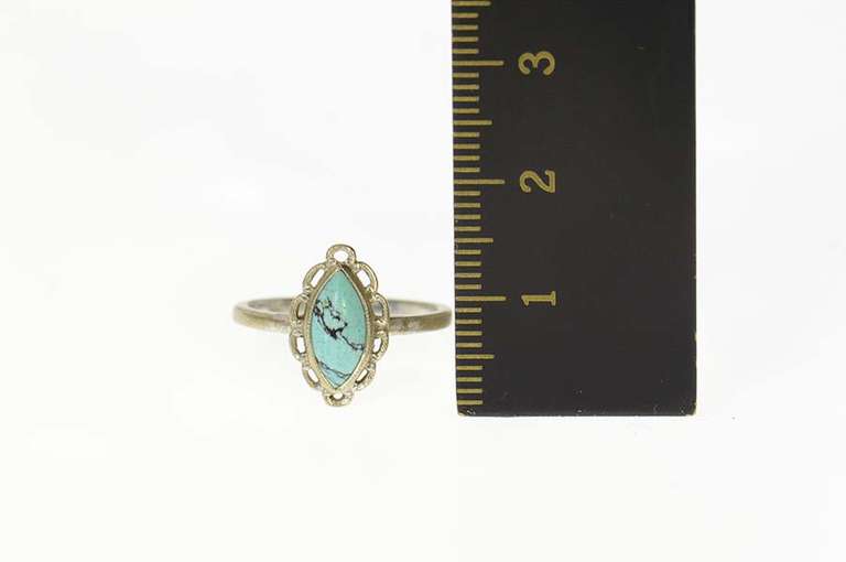 10K White Gold Marquise Turquoise Scalloped Trim Statement Ring