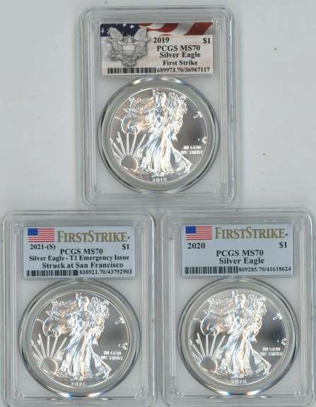3 Diff. PCGS MS70 First Strike $1 Silver Eagles 2019 to 2021