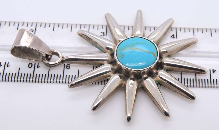 Vintage Sterling Silver Mexico Sun Turquoise Pendant