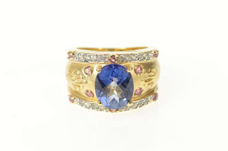 14K Yellow Gold Ornate Syn. Sapphire Diamond Statement Ring