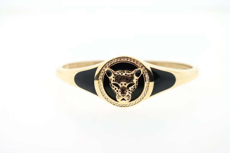 Gorgeous 14k Gold and Onyx Panther Rimmed with Cubic Zirconias adorning Handmade Italian Bangle Bracelet