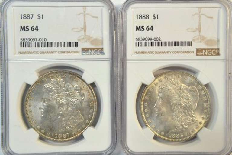 Near Gem BU 1887 & 1888 Morgan Silver Dollars. NGC MS64