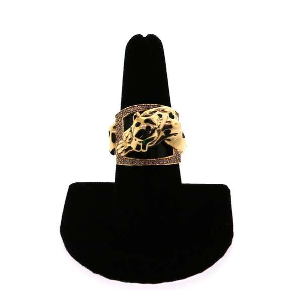 Illustrious Handmade Italian 14k Gold and Onyx Signet Ring with resting Panther