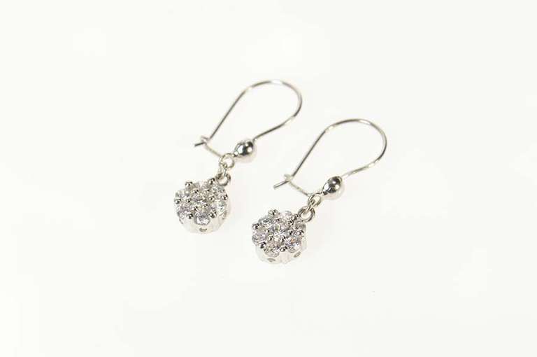 14K White Gold Classic Flower Round Cluster Dangle CZ Earrings