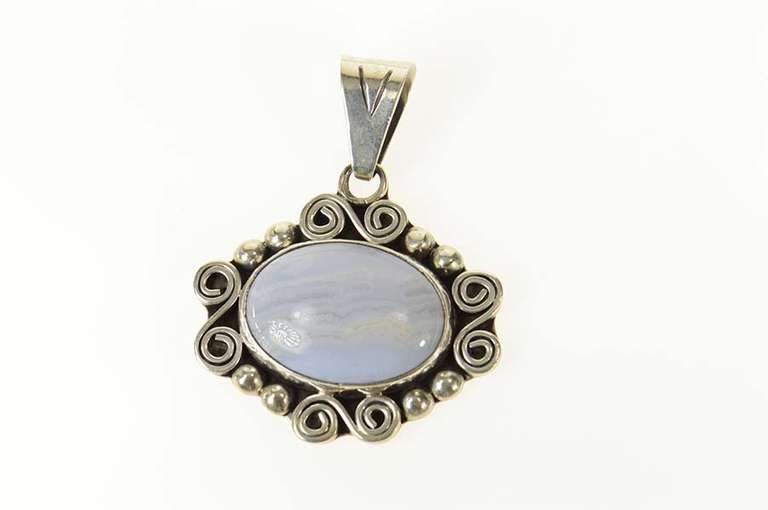 Sterling Silver Oval Blue Lace Agate Scroll Design Statement Pendant