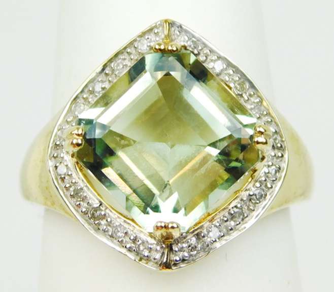 10K Large Green Amethyst & Pave Diamonds Ring, 8