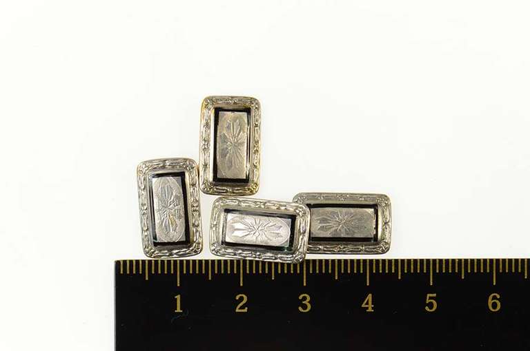 14K Yellow Gold Art Deco Pinstriped Enamel Ornate Etched Cuff Links