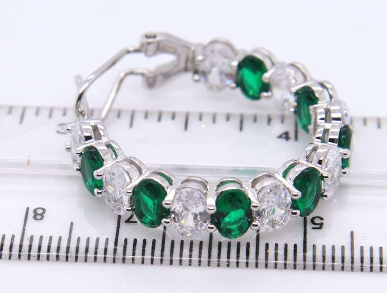 Sterling Silver Green and White Cubic Zirconia Hoop Earrings