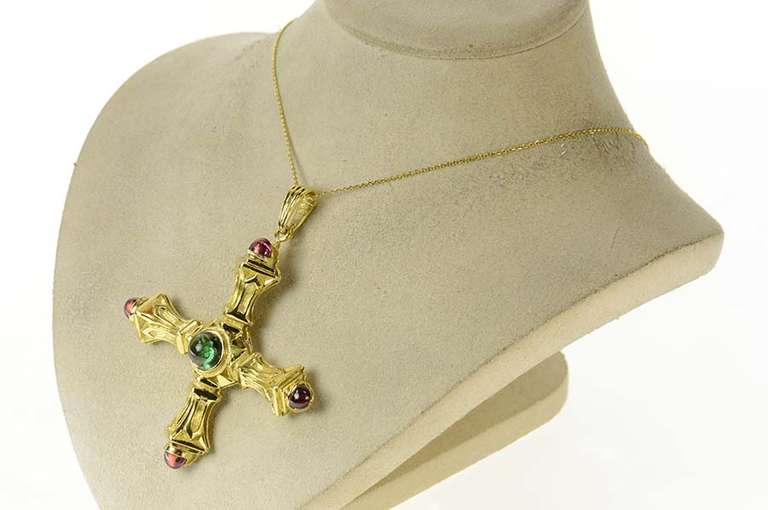 18K Yellow Gold Ornate Pink & Green Tourmaline Cross Pendant/Pin