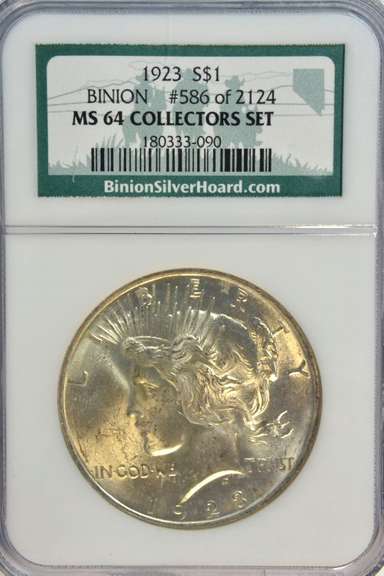 Near Gem BU 1923 Peace Silver Dollar. NGC MS64 Collectors Set