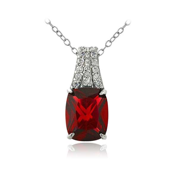 Sterling Silver Created Ruby & CZ Rectangle Necklace