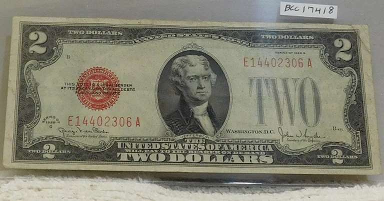 1928-G $2 US Note, lite circ, first yr sm size