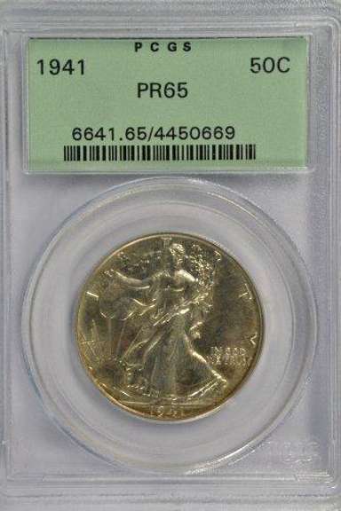 Super 1941 Gem Proof Walking Liberty Half. Old PCGS PR65 label