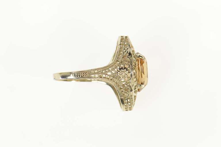 14K White Gold Art Deco Citrine Ornate Filigree Statement Ring