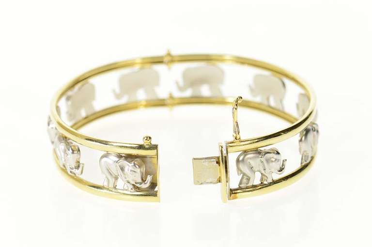 14K Yellow Gold Two Tone Stylized Elephant Bangle Bracelet