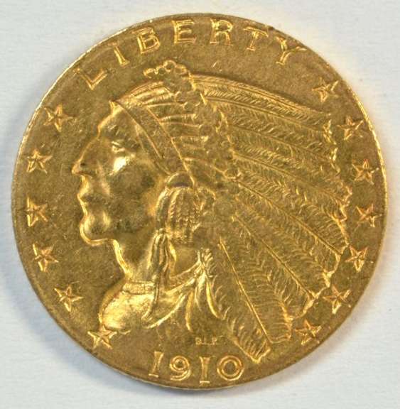Near Mint 1910 US $2.50 Indian Gold Piece. Nice