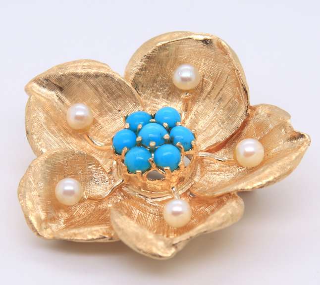 Vintage Yellow Gold Turquoise and Pearl Brooch