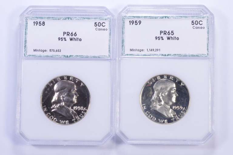 (2) PR66 1958 & PR65 1959 Franklin Half Dollars Cameo 95% White - PCI