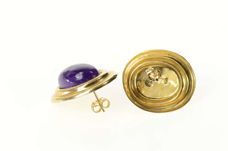 14K Yellow Gold Retro Amethyst Cabochon Statement Stud Earrings
