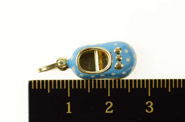 14K Yellow Gold Mary Jane Shoe Sky Blue Polka Dot Enamel Pendant
