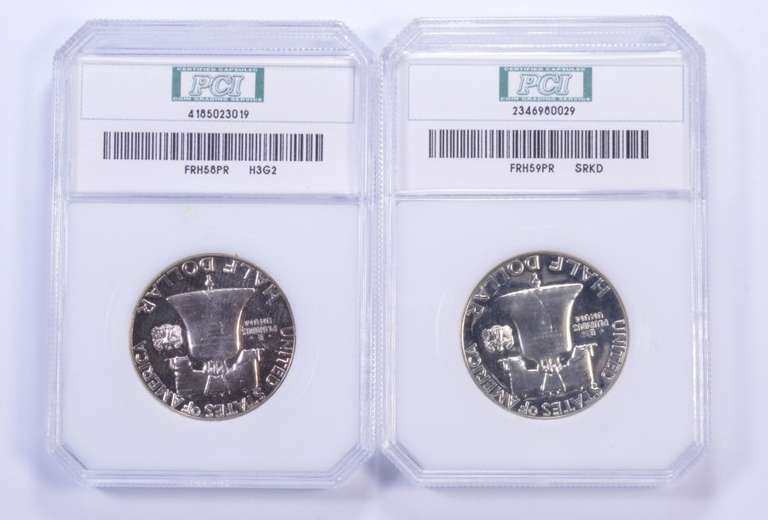 (2) PR66 1958 & PR65 1959 Franklin Half Dollars Cameo 95% White - PCI