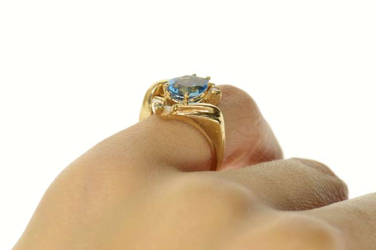 14K Yellow Gold Pear Blue Topaz Diamond Bypass Statement Ring