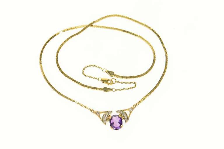 14K Yellow Gold Oval Amethyst Diamond Chevron Square Chain Necklace