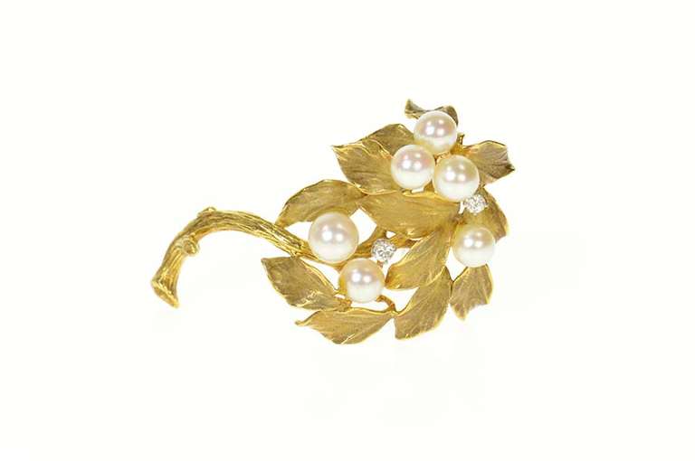 18K Yellow Gold Retro Ornate Pearl Diamond Tree of Life Pin/Brooch