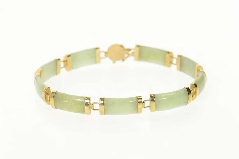 14K Yellow Gold Carved Jade Bar Link Chinese Happiness Bracelet