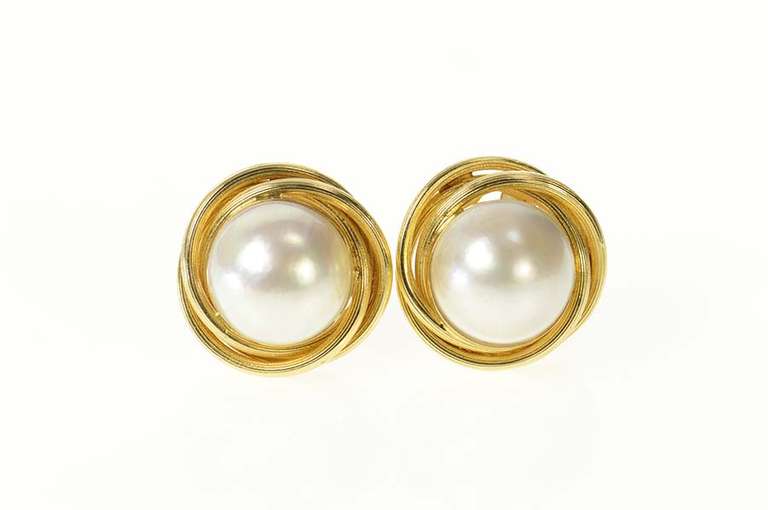 14K Yellow Gold Mabe Pearl Retro Ornate Twist French Clip Earrings