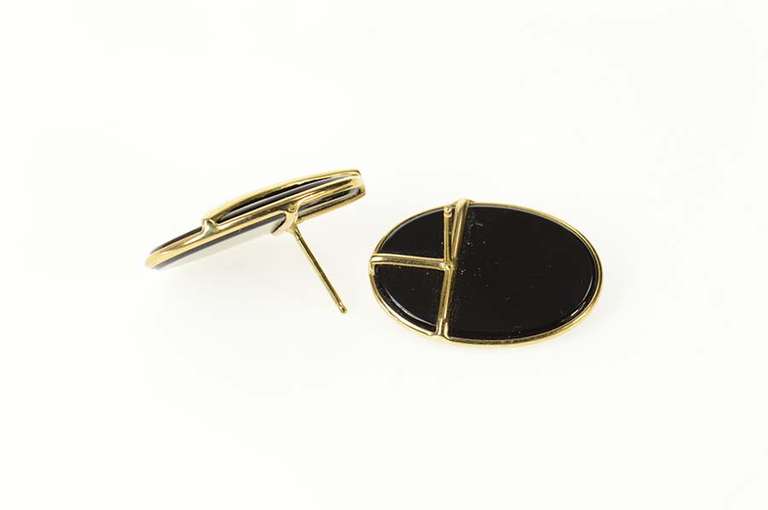 14K Yellow Gold Oval Black Onyx Wavy Overal Statement Earrings