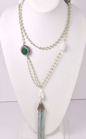 Brilliant Extra Long Turquoise, Pearls, Malachite and Quartz Crystal Ladies Necklace