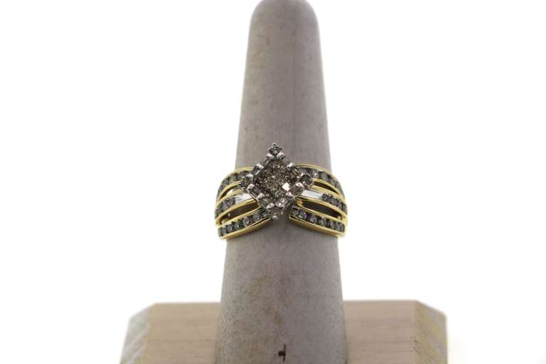 Wonderful Square Diamond Cluster Ring with triple layer Channel Set Diamonds on a 14k Gold Band