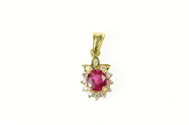 18K Yellow Gold 0.75 Ctw Natural Ruby Oval Diamond Halo Pendant