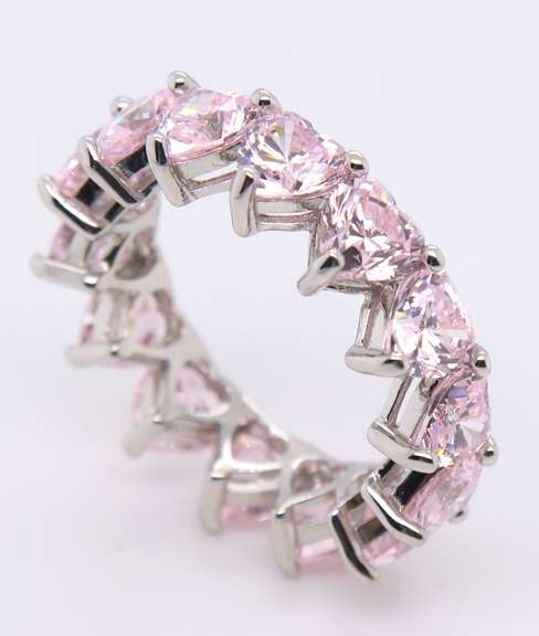 Heart Shaped Pink Cubic Zirconia Sterling Silver Band