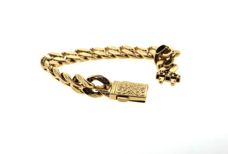 Beautiful Oriental Theme 14k Gold Handmade Curb Chain Bracelet