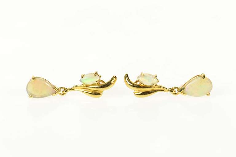 18K Yellow Gold Natural Opal Dangle Ornate Statement Earrings
