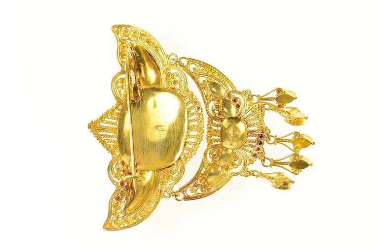 22K Yellow Gold Elaborate Thai Ruby Emerald Fringe Pin/Brooch