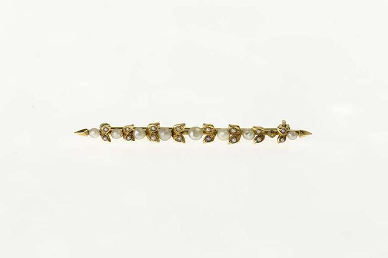 14K Yellow Gold Victorian Seed Pearl Ornate Vine Bar Pin/Brooch