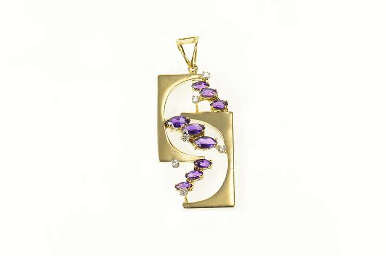 14K Yellow Gold Ornate Amethyst Diamond Geometric Pendant
