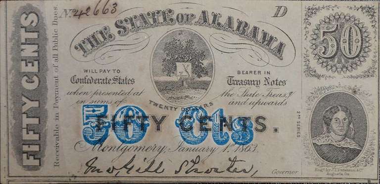 January 1st 1863 The State Of Alabama 50 Cents, Circulated.